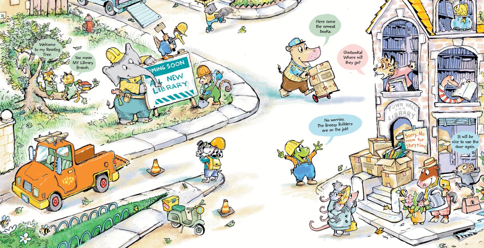 Illustration of a new library being built in a town