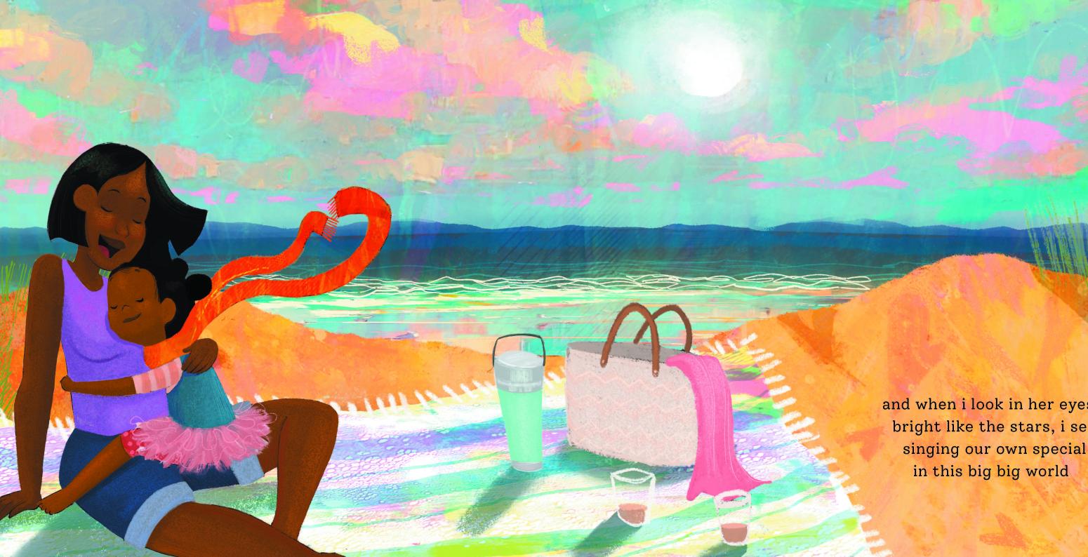 Illustration of mother and child hugging on a beach.