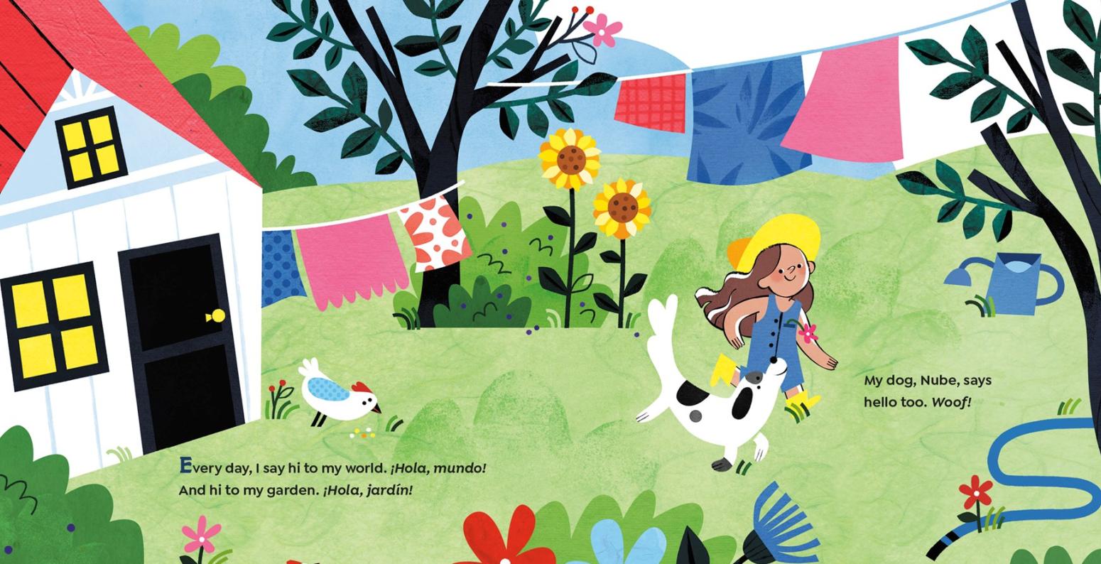 Illustration of a girl walking in a grassy yard