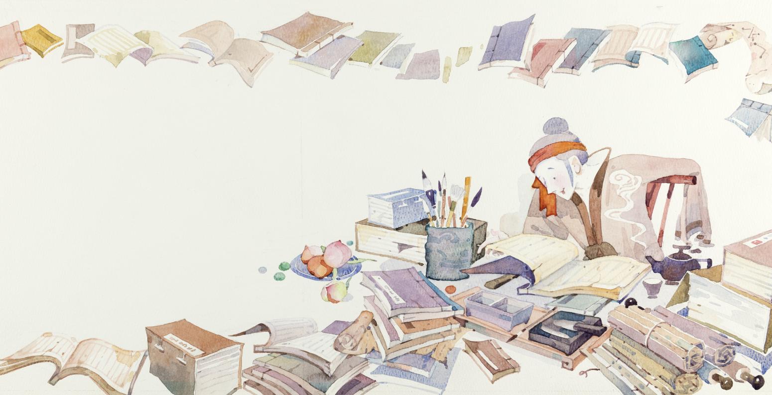 Illustration of man reading books. 