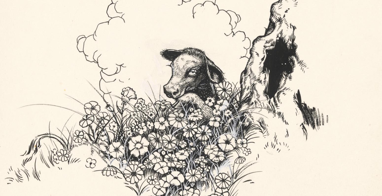 Ferdinand the bull sits under cork tree watching bulls fight in the distance.