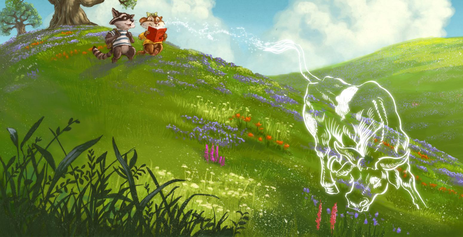 Illustration of chipmunk and raccoon reading under a tree and imagining Ferdinand the bull.