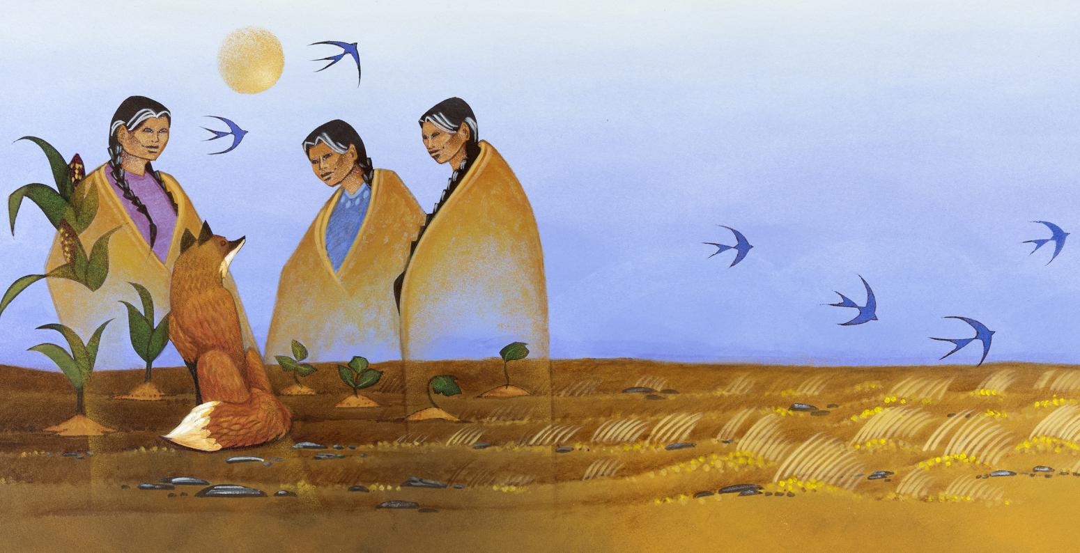 Painting of three elders with fox