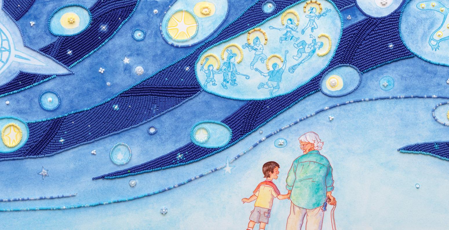 Illustration of person and child below blue sky. 