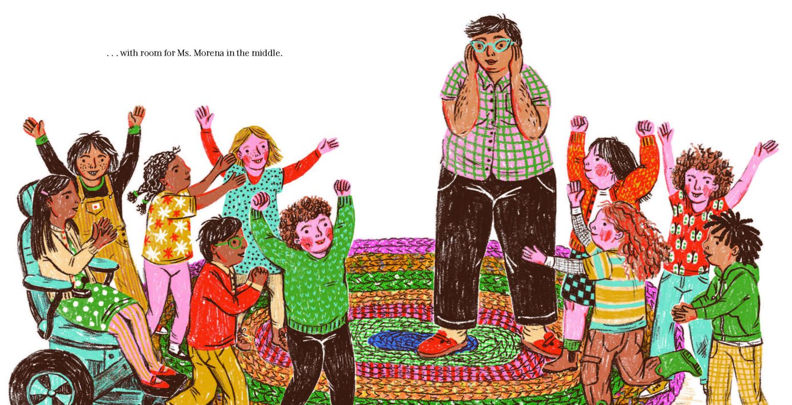 Illustration of many students and a teacher on a special rug