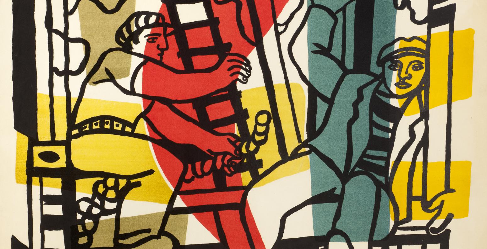 Illustration of construction workers in abstract colors 
