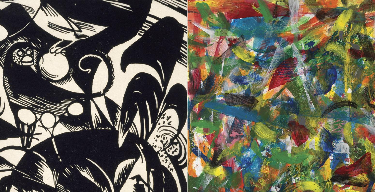 Two Modernist abstract paintings: one black and white, the other colorful.