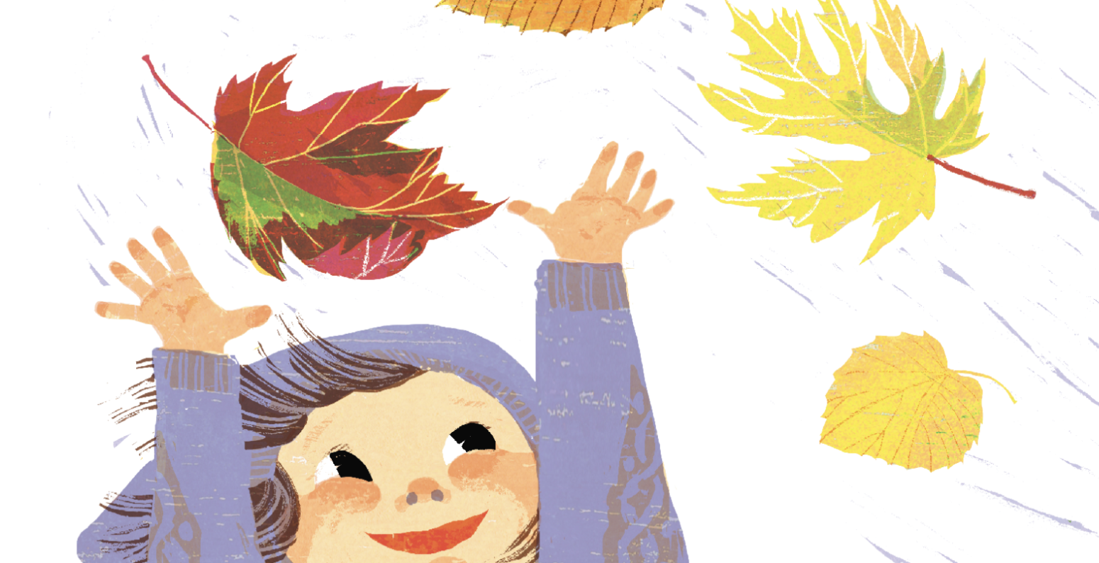 Child reaching up to catch leaves