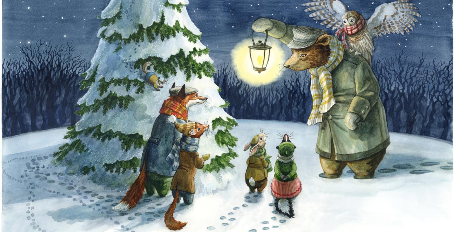 illustration of forest animals dressed for winter, gathered at night