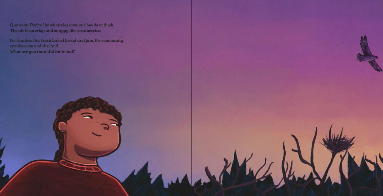 Illustration from Wôpanâak Seasons featuring a child looking up at hawk in sky