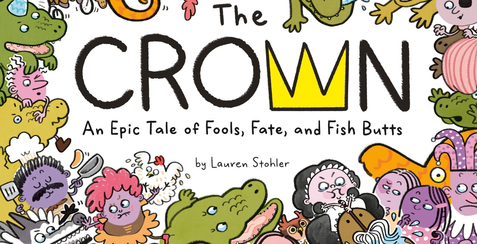 illustration of various people and animals surrounding a crown