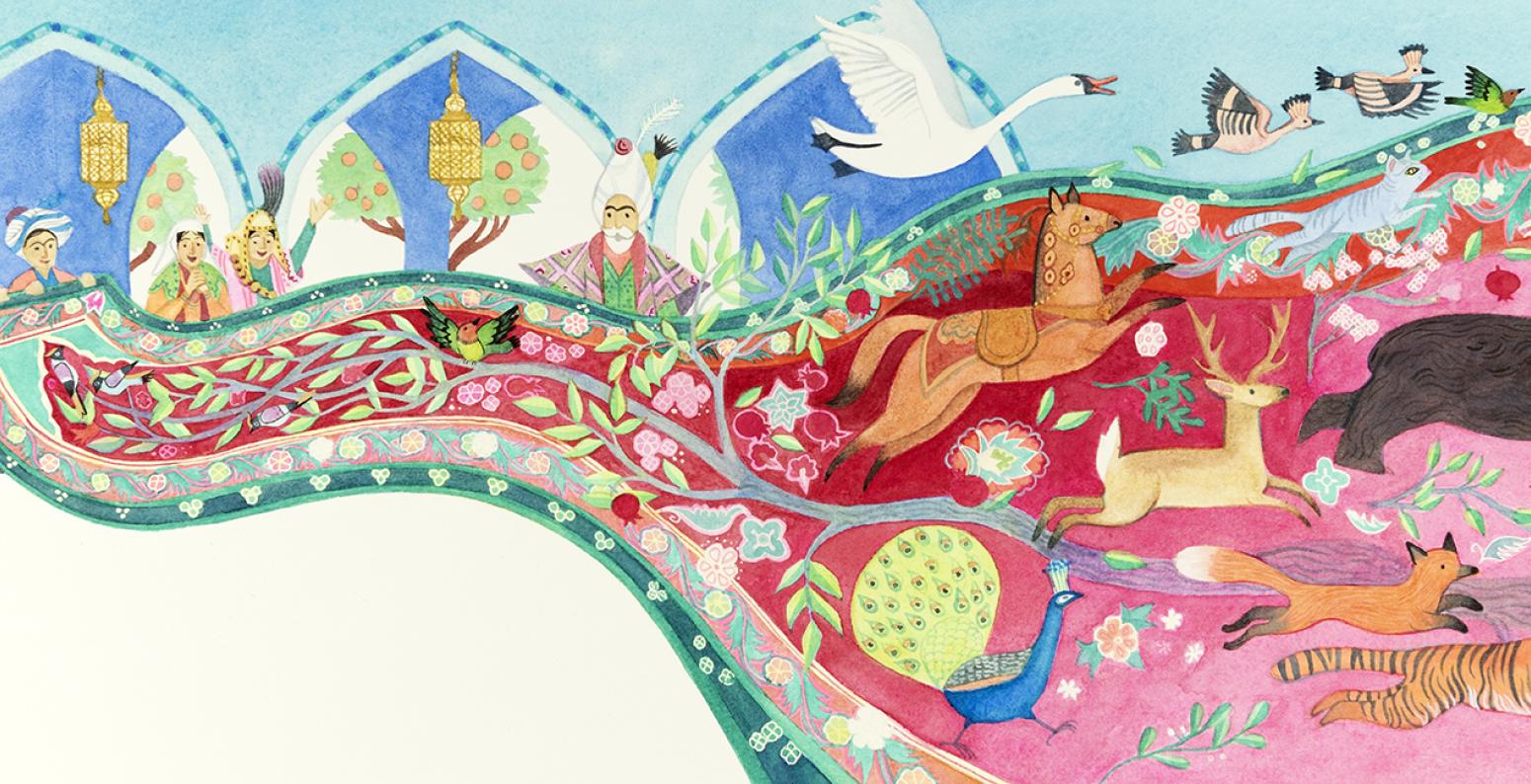 Illustration of animals running of rug. 