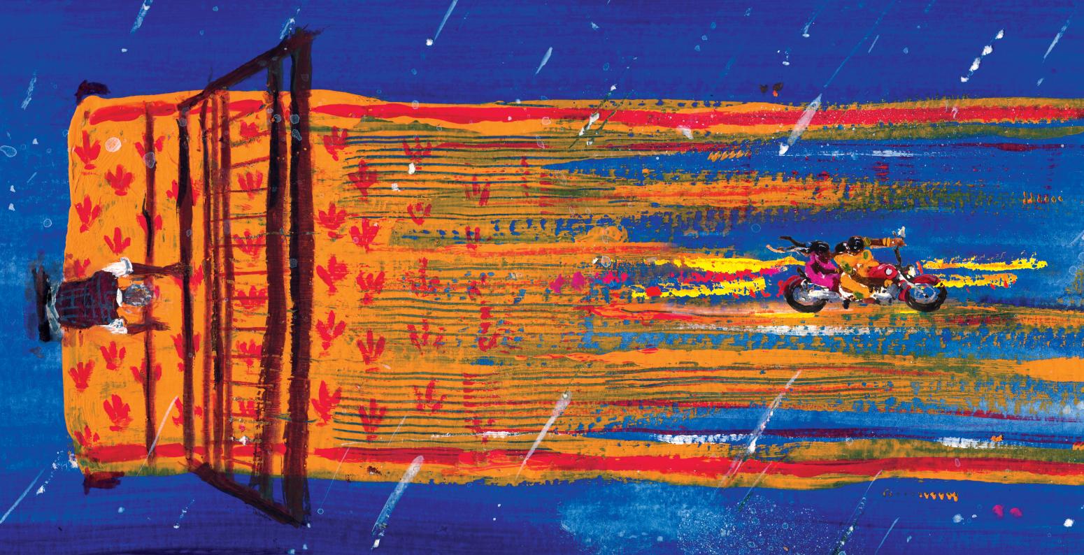 Illustration of motorcycle on weaving rug. 