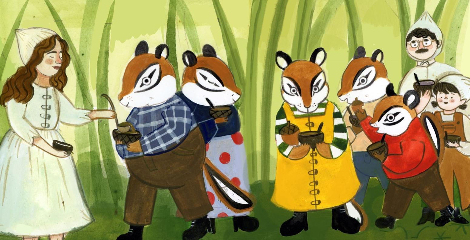 Illustration of garlic family sharing food with chipmunks