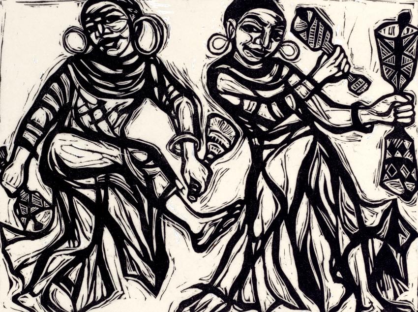 Woodcut illustration of two figures dancing with instruments.