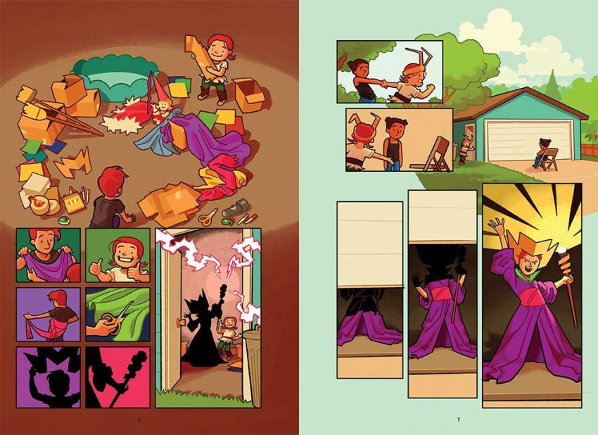 Two interior pages of comic panels show children cutting up boxes to create costumes and getting swept away with their imaginations.