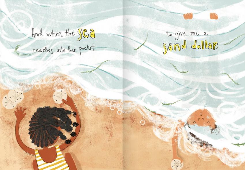 Illustration shows a girl picking up a sand dollar off the beach with the text "And when the sea reaches into her pocket to give me a sand dollar."