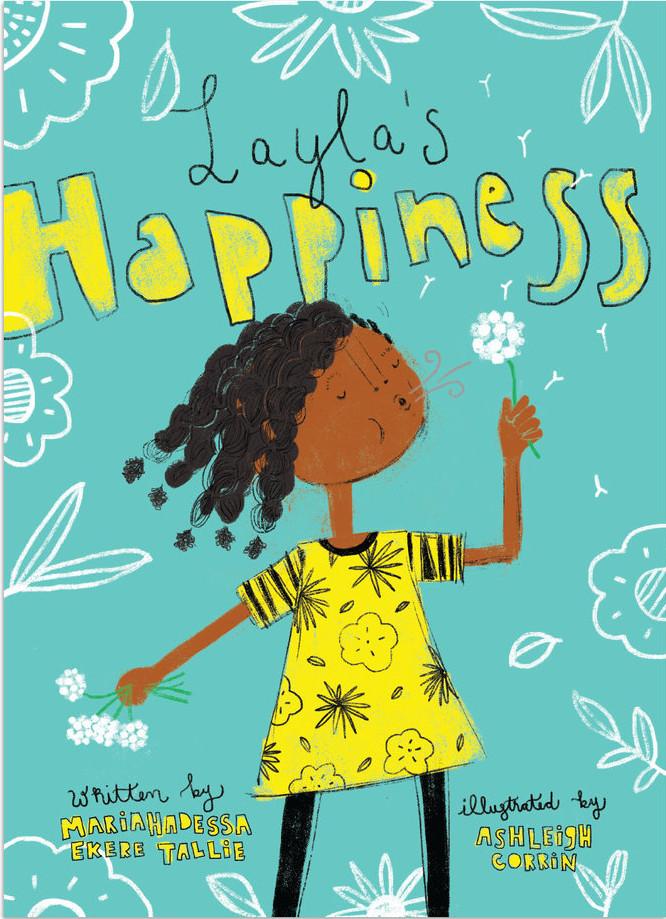 A Black child in a yellow dress is blowing on a dandelion with eyes closed.