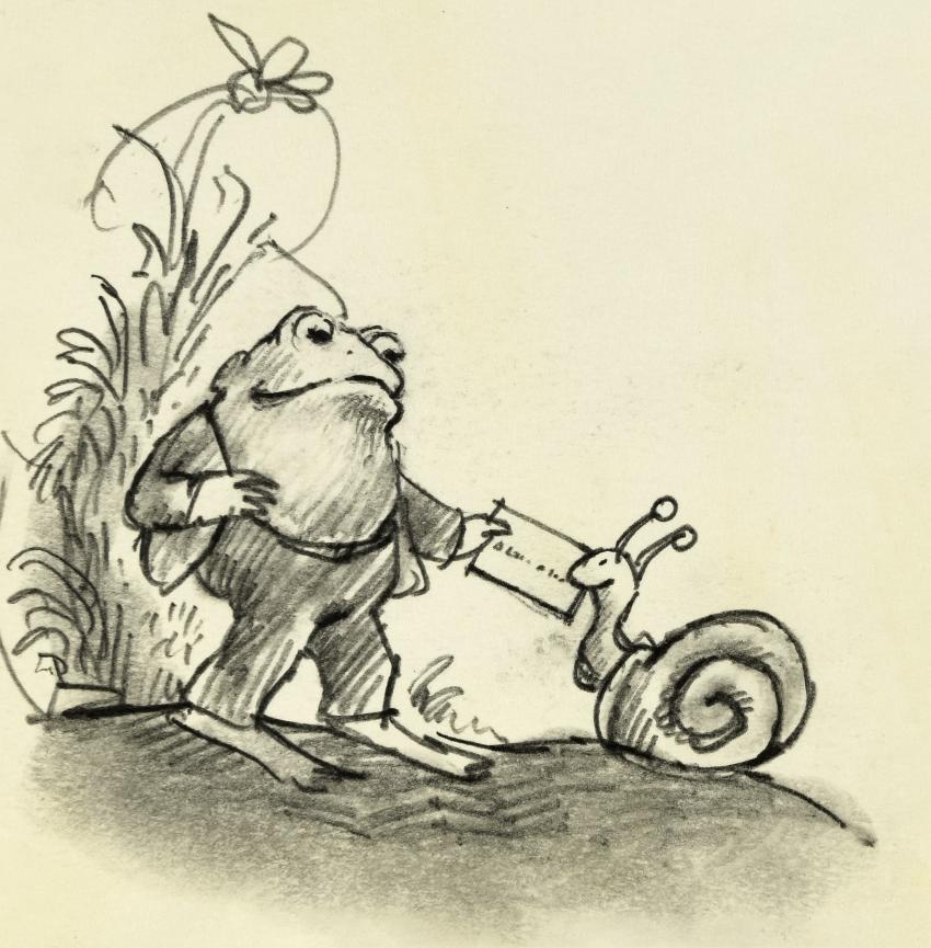 Illustration of Frog giving letter to snail to mail. 