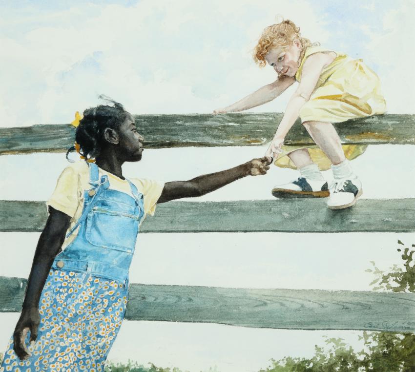 Girl helping boy over fence.