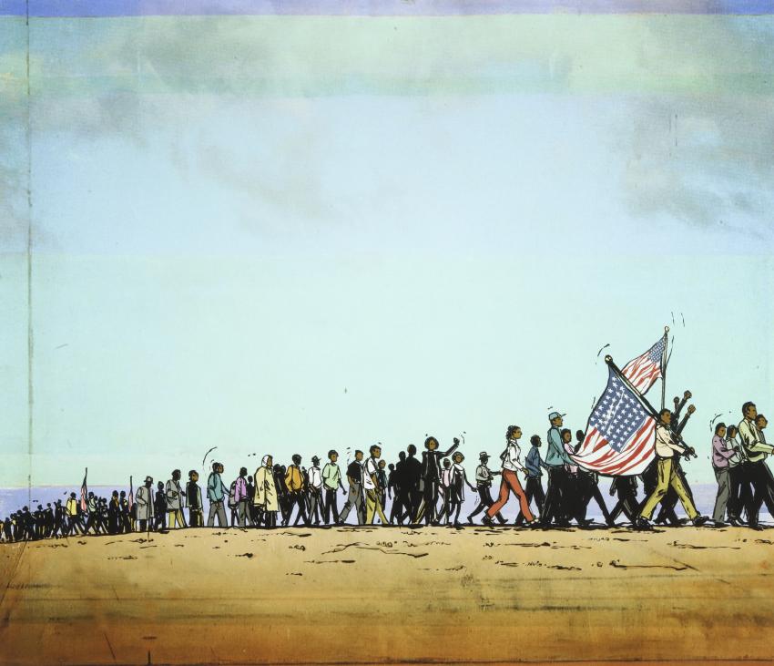 Illustration of marchers with flag.