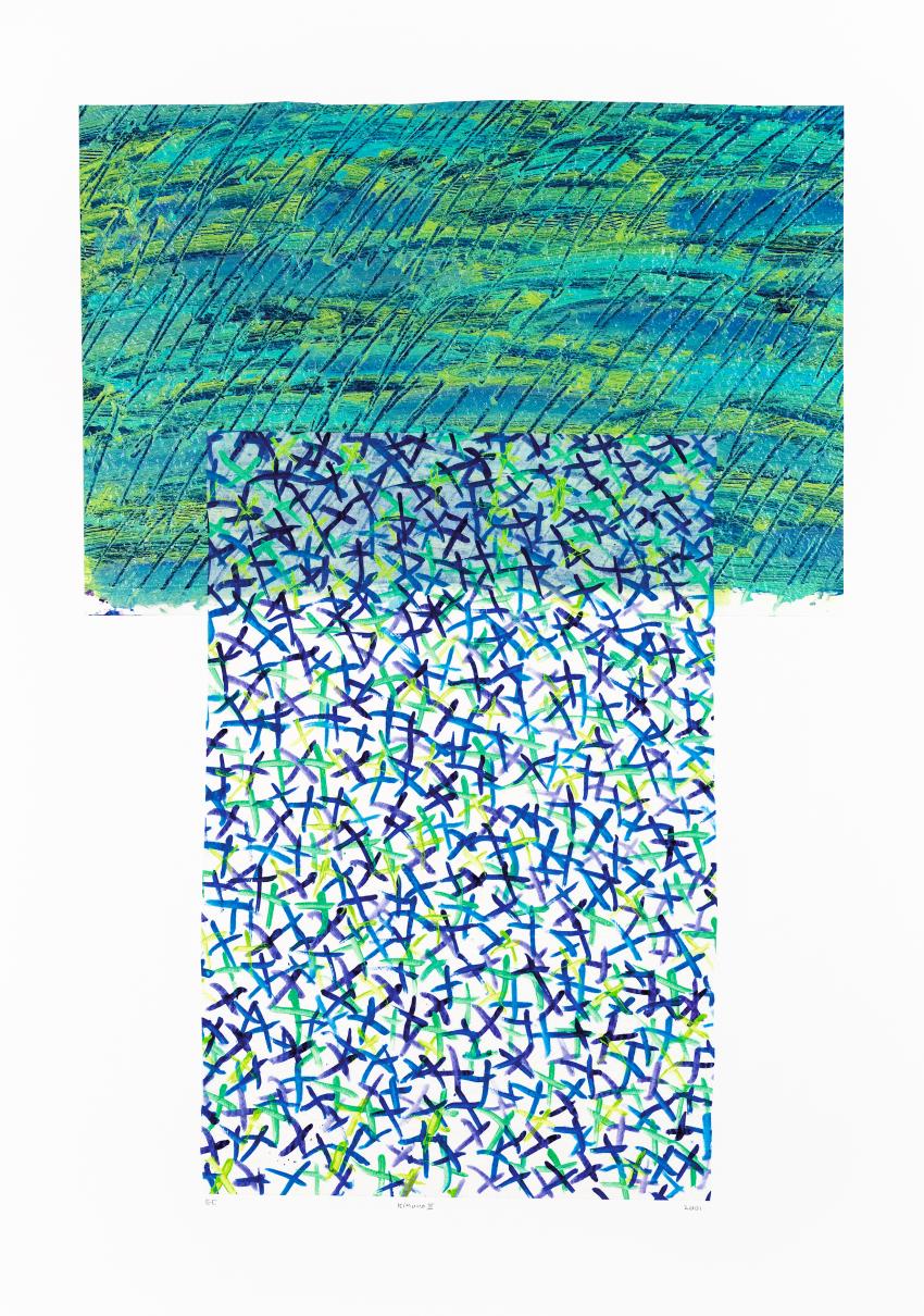 two pieces of painted tissue paper rectangles in shades of green and blue, on place horizontally, the other placed underneath vertically