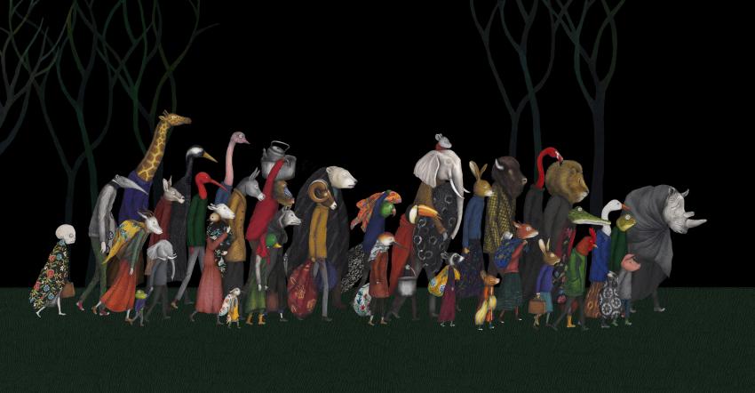Illustration of animals walking in progression.