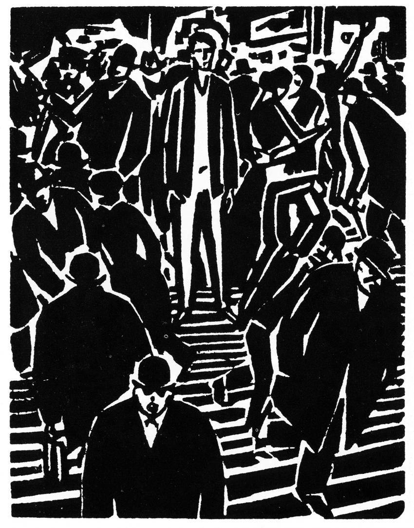 Illustration of man stopped on busy street.