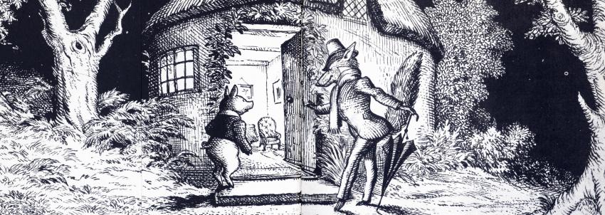 Illustration of fox walking into pig's house. 