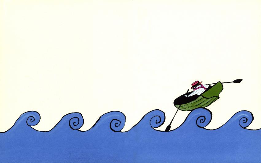 Illustration of person rowing boat over large waves. 