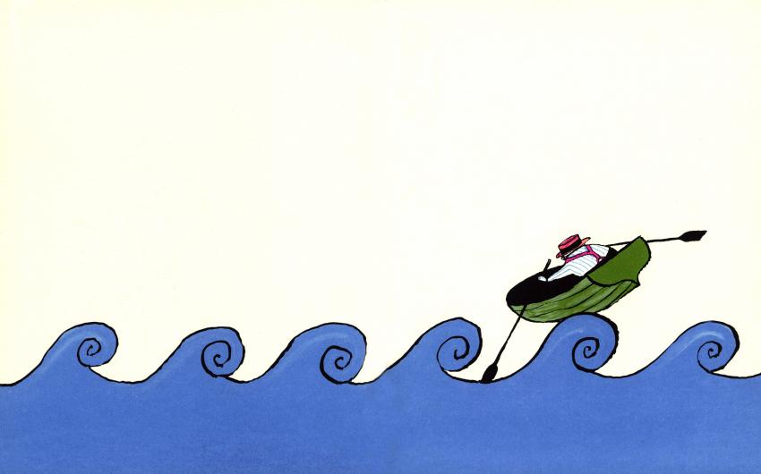 Illustration of person rowing boat over large waves.