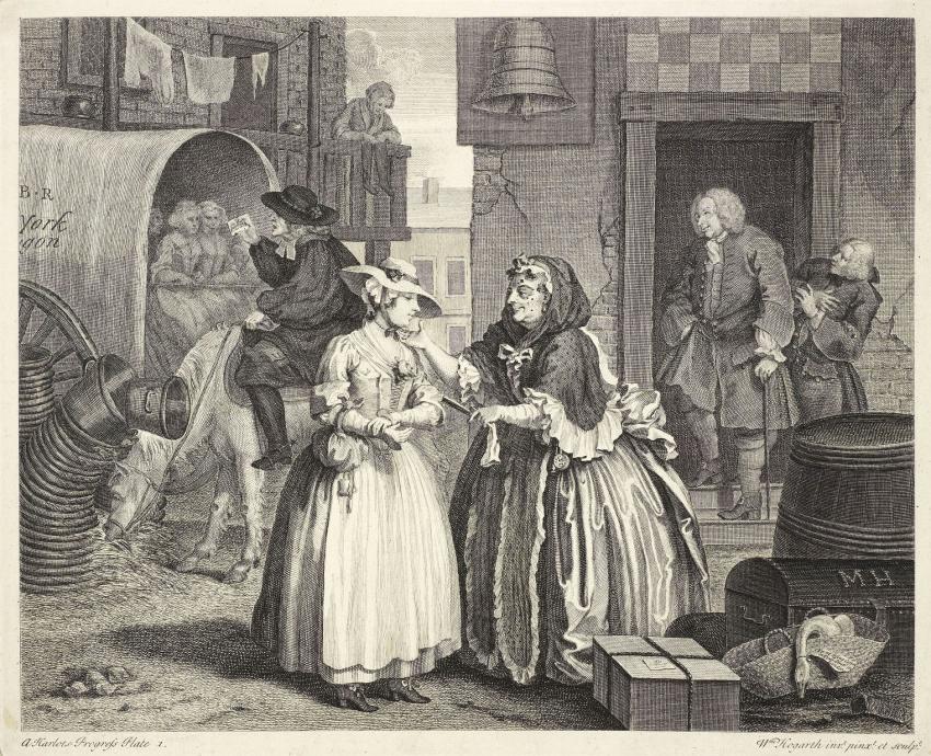 Illustration showing two woman talking in bustling city scene. 