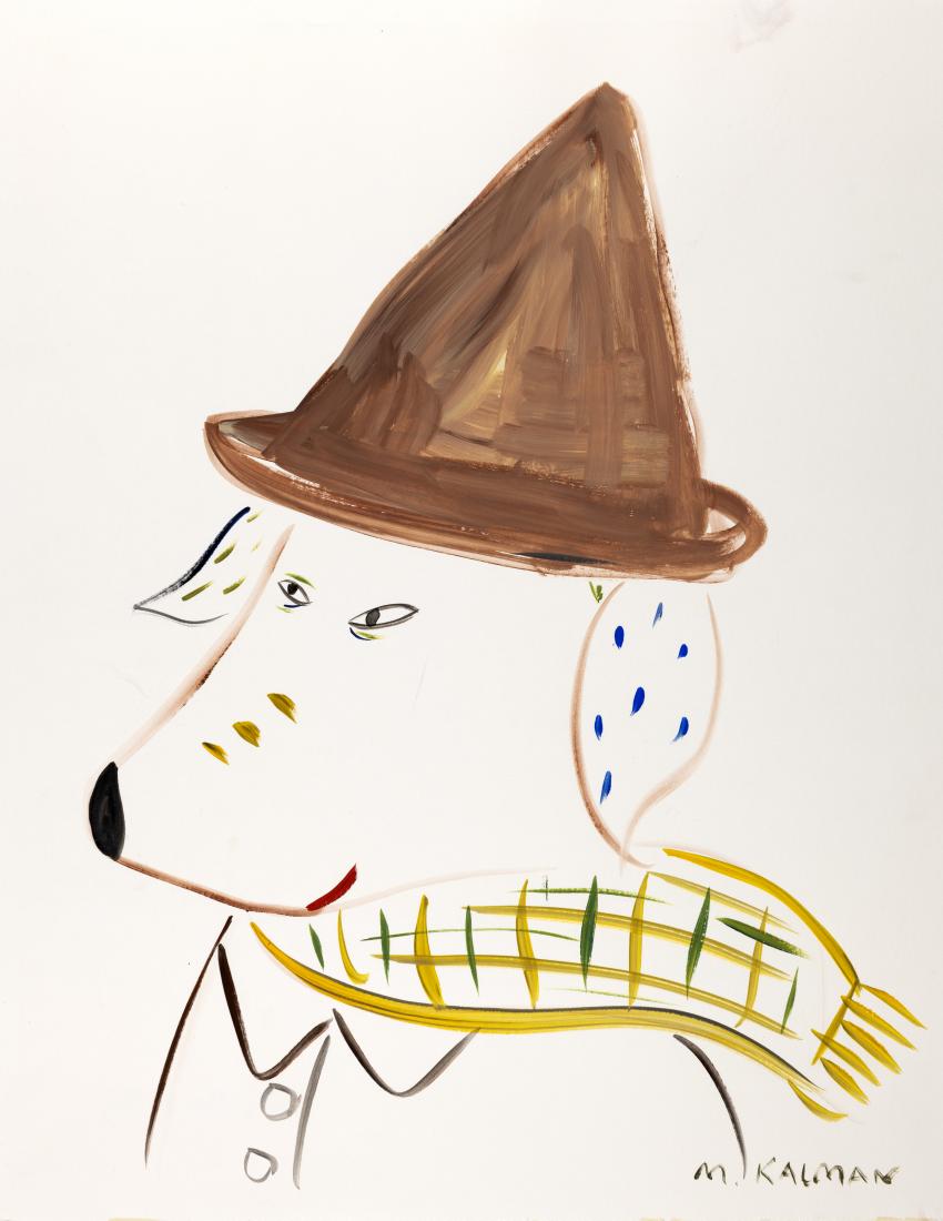 Illustration of a dog wearing a hat an plaid scarf. 