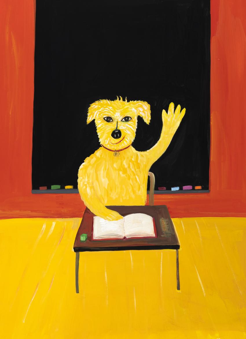 Illustration of dog sitting at desk raising hand.