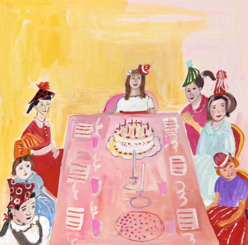 Illustration of children at table eating large birthday cake. 