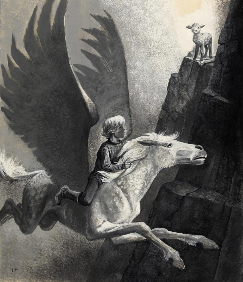 Illustration of boy flying on pegasus with lamb watching from rock in distance. 