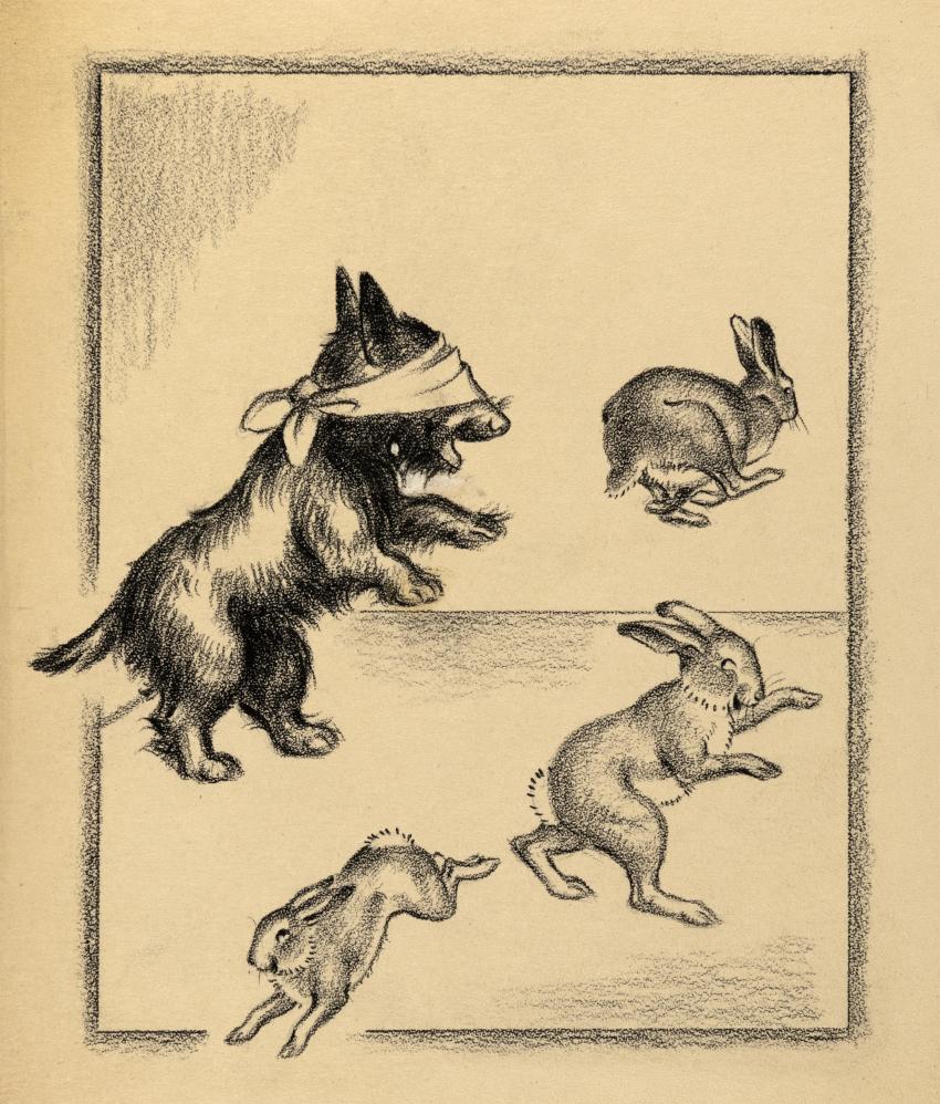 Illustration of blind-folded dog and three rabbits.