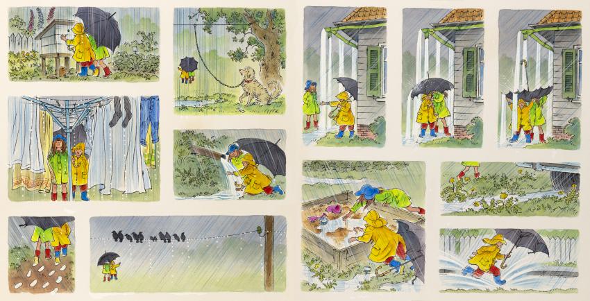 Illustrated panels showing kids in rain with umbrella. 