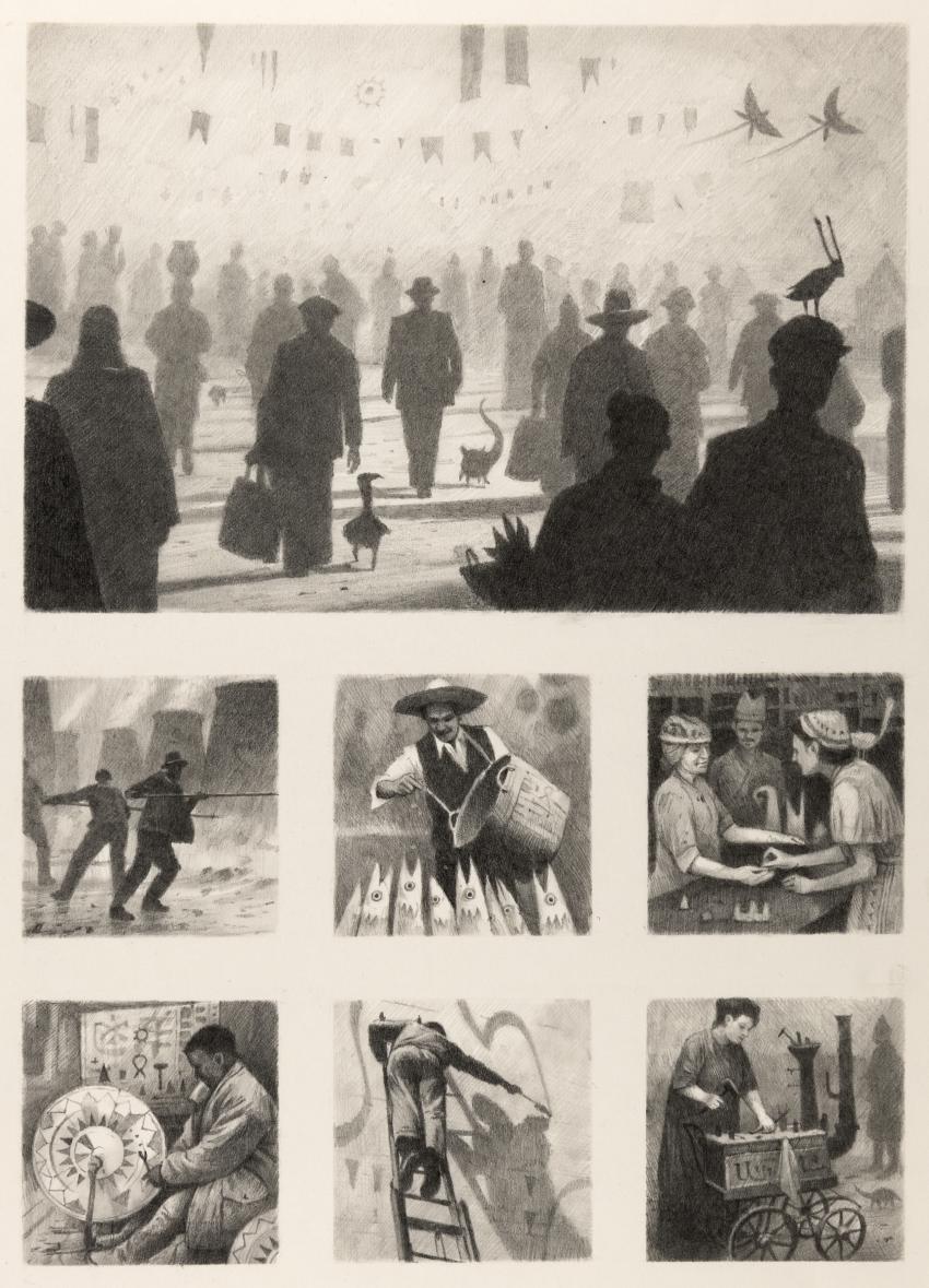 Illustrations of people in busy city.