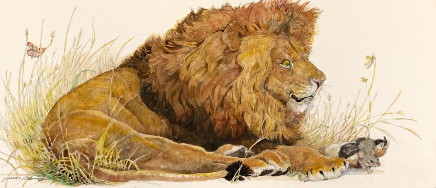 Illustration of lion with mouse. 