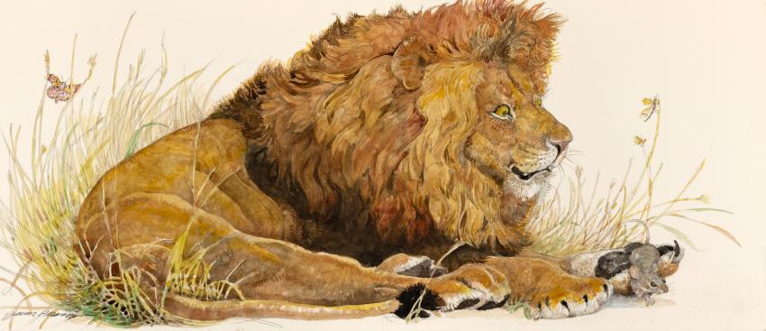 Illustration of lion with mouse.