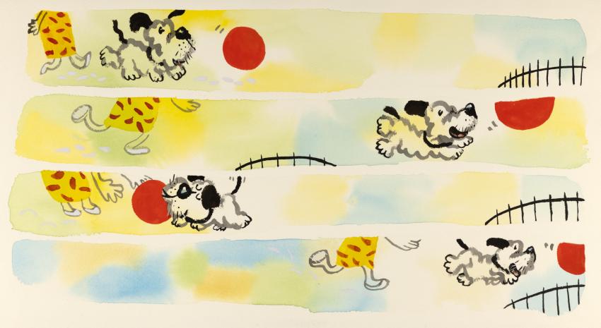 Illustration of dog chasing ball.