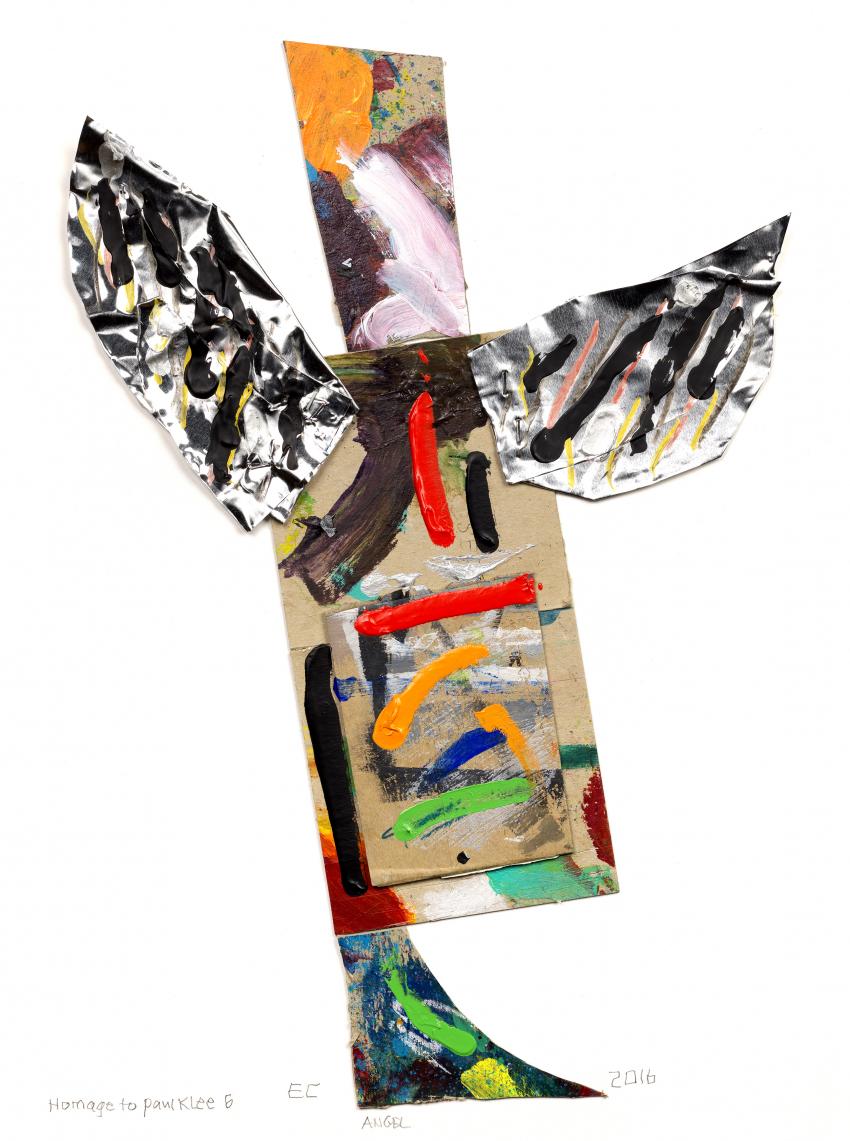 Collage of various materials in shape of angel. 