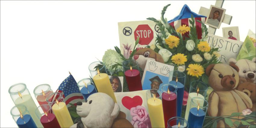 Illustration of vigil with candles and flowers and signs.