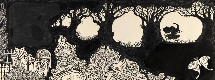 Black ink illustration of witch running through dark forest. 