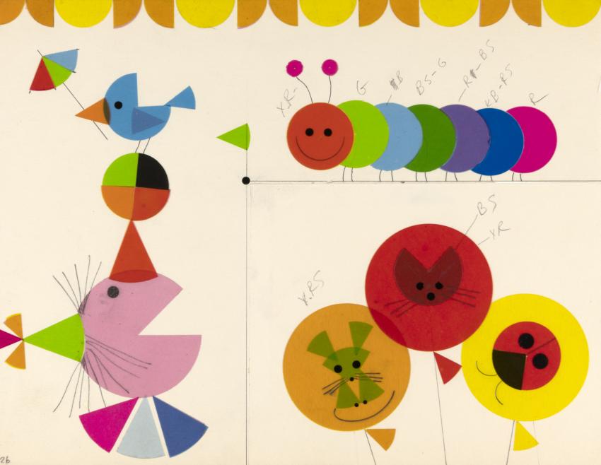 Illustration collage from circles and wedges showing bird, caterpillar, balloons, and various designs.