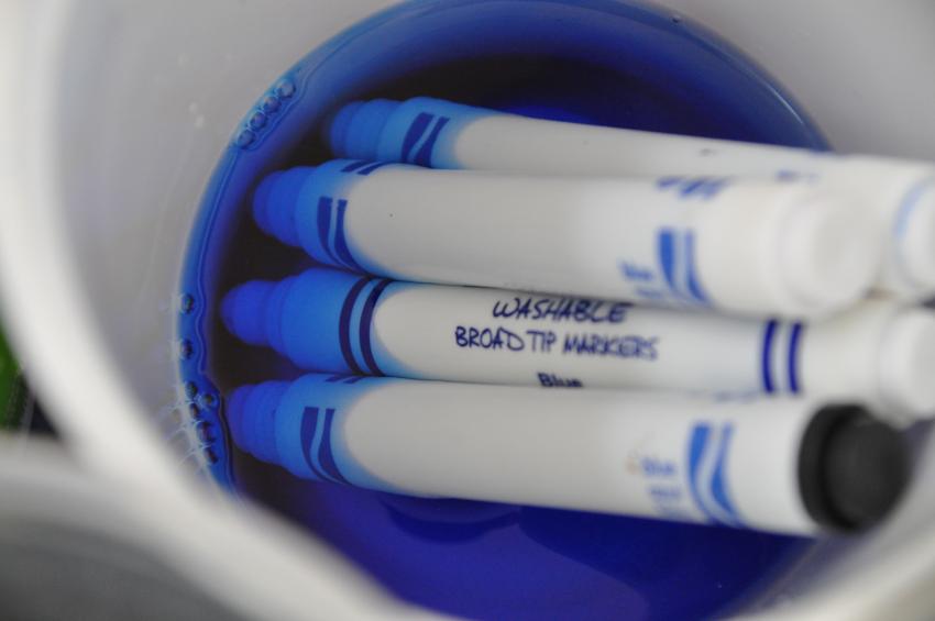 Blue markers soaking in a shallow cup of water.