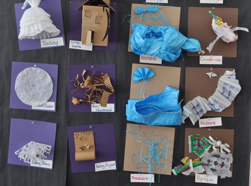 Paper, cardboard, and plastic manipulated in different ways and glued onto squares of paper. For example, torn, folded, ripped pieces of materials.