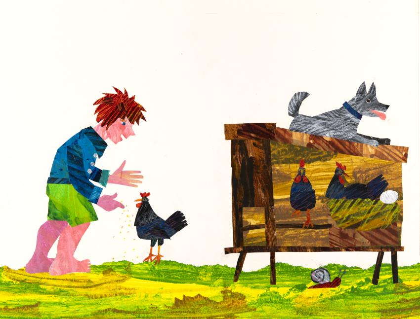 Illustration of dog sitting on chicken coop.