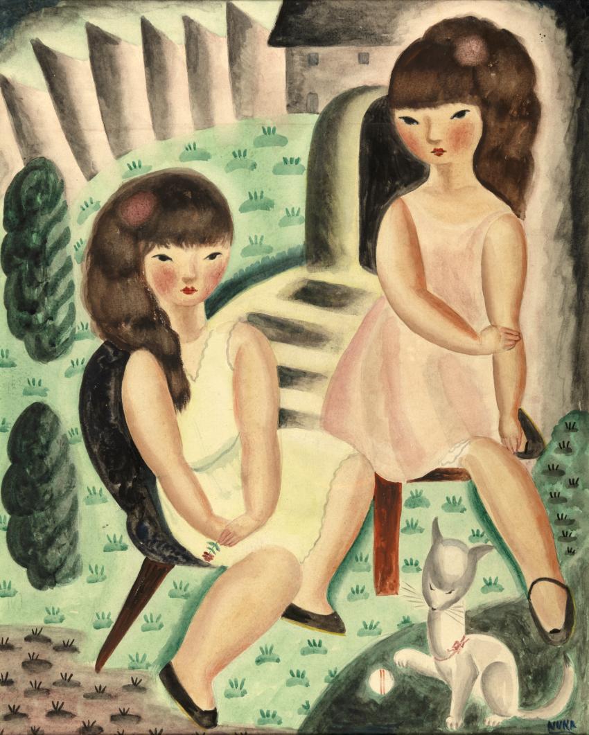 Illustration of two girls sitting in yard with white dog. 